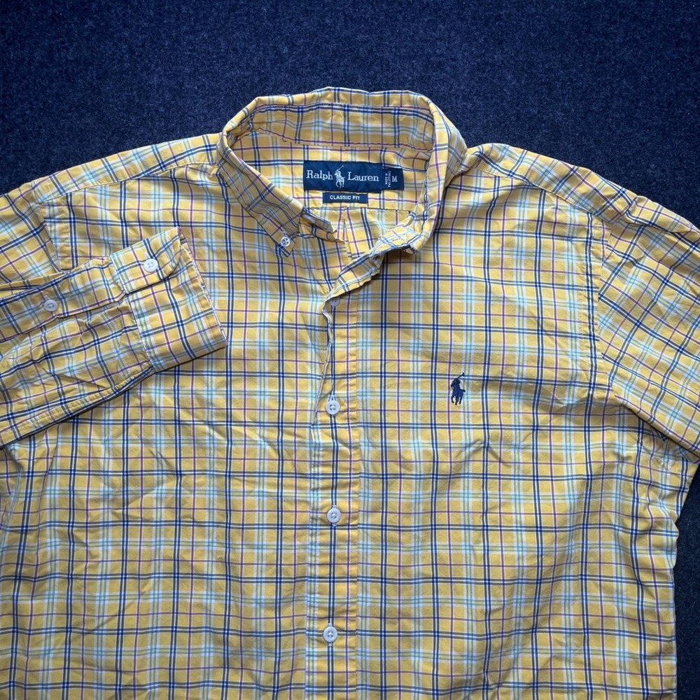 Ralph Lauren Button Down Men M Yellow Excellent Classic Fit Plaid Long Sleeve